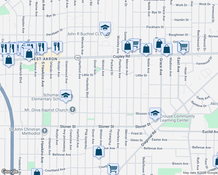 map of restaurants, bars, coffee shops, grocery stores, and more near 882 Packard Drive in Akron