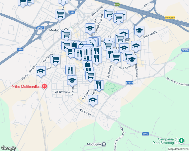 map of restaurants, bars, coffee shops, grocery stores, and more near 1A Via Giovanni Verga in Modugno
