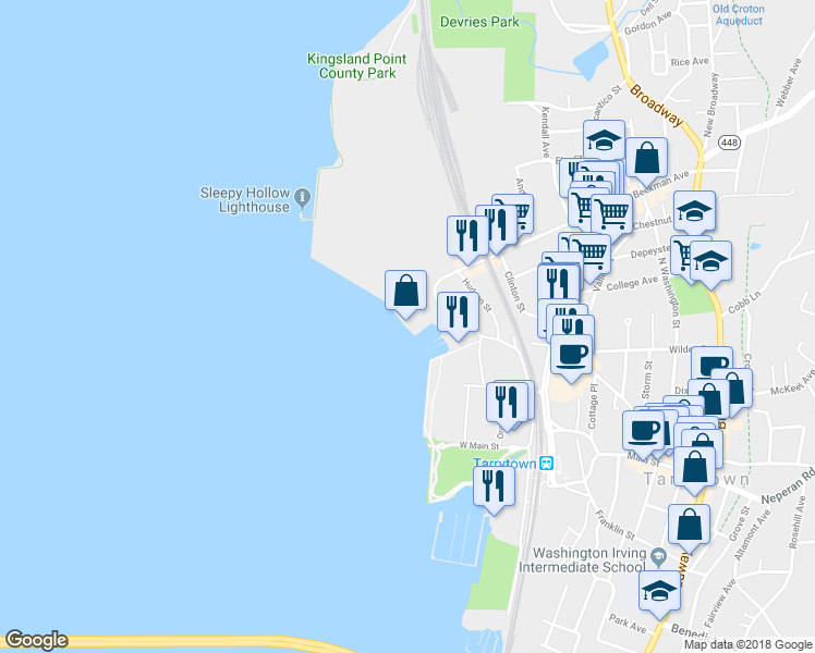 map of restaurants, bars, coffee shops, grocery stores, and more near 129 River Street in Tarrytown