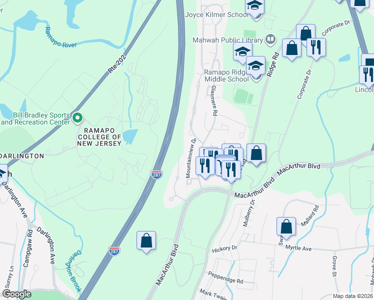 map of restaurants, bars, coffee shops, grocery stores, and more near 245 Mountainview Drive in Mahwah