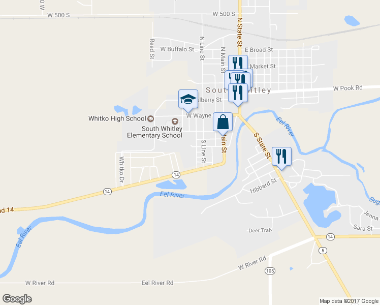 map of restaurants, bars, coffee shops, grocery stores, and more near 505 South Flint Street in South Whitley