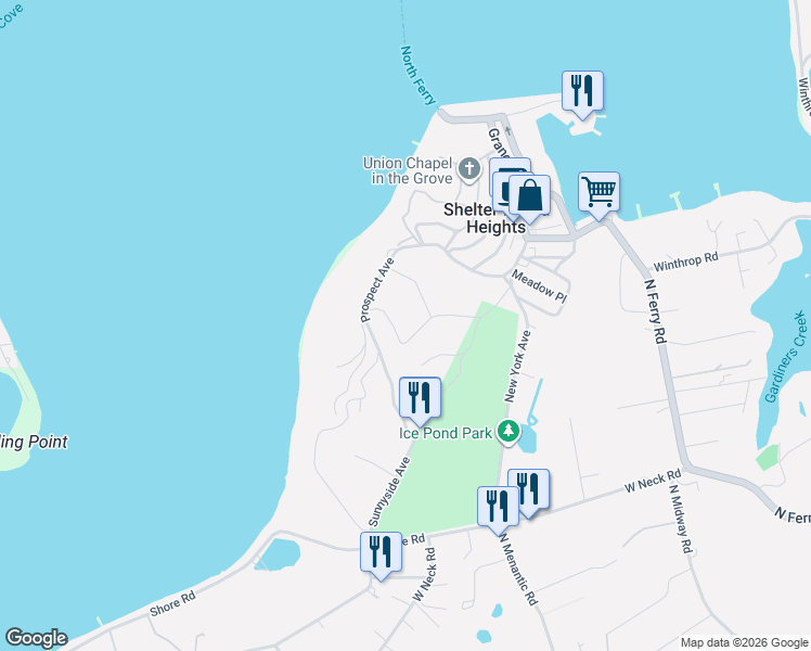map of restaurants, bars, coffee shops, grocery stores, and more near 2 Bayview Avenue in Shelter Island Heights
