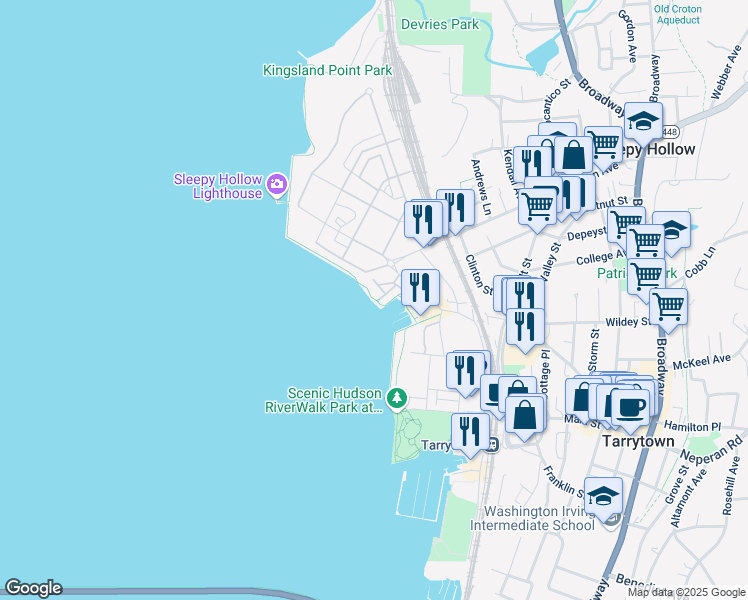 map of restaurants, bars, coffee shops, grocery stores, and more near 127 River Street in Sleepy Hollow