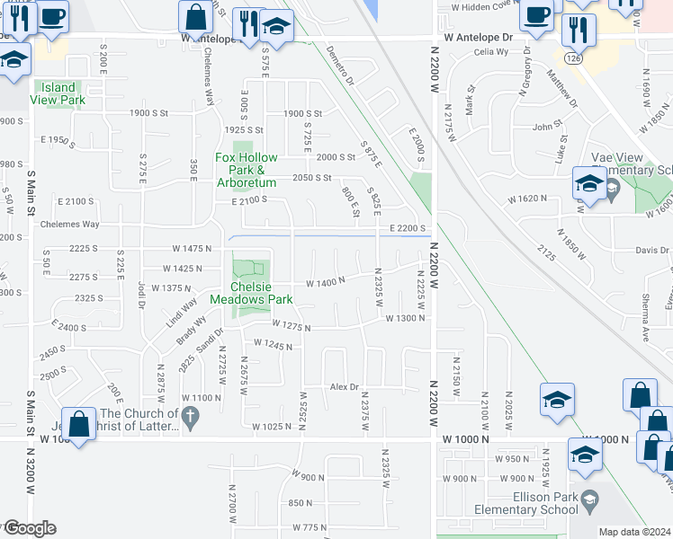 map of restaurants, bars, coffee shops, grocery stores, and more near 1465 North 2425 West in Layton