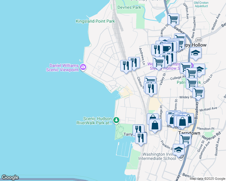 map of restaurants, bars, coffee shops, grocery stores, and more near 93 River Street in Sleepy Hollow