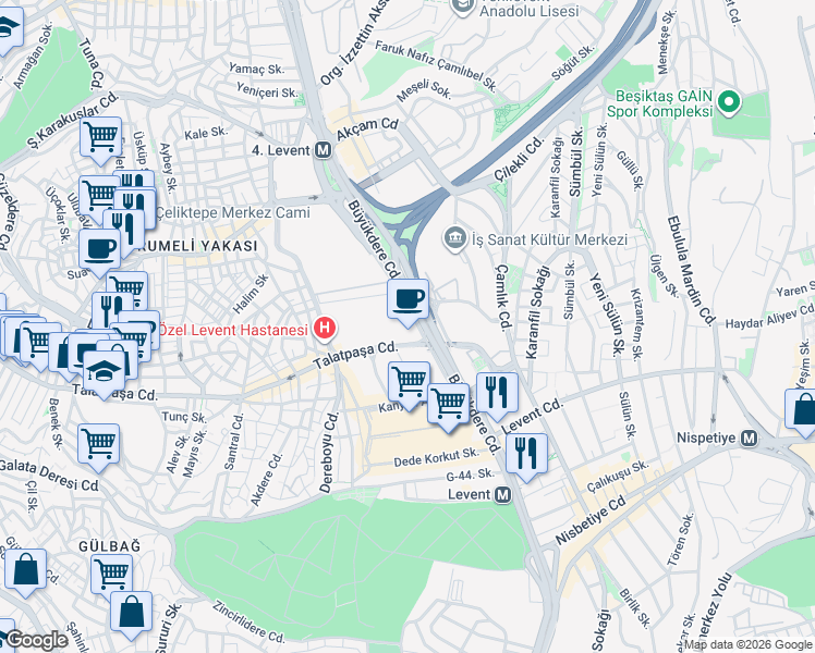 map of restaurants, bars, coffee shops, grocery stores, and more near 199 Levent Caddesi in Beşiktaş