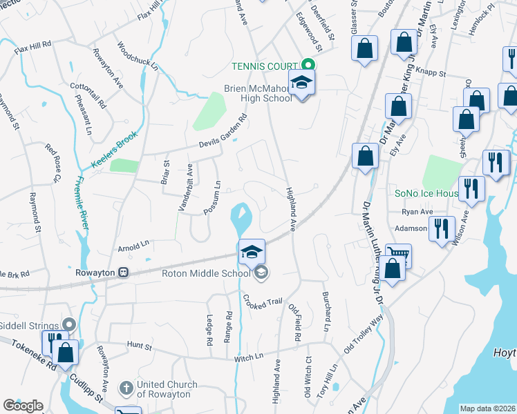 map of restaurants, bars, coffee shops, grocery stores, and more near 299 Rowayton Woods Drive in Norwalk