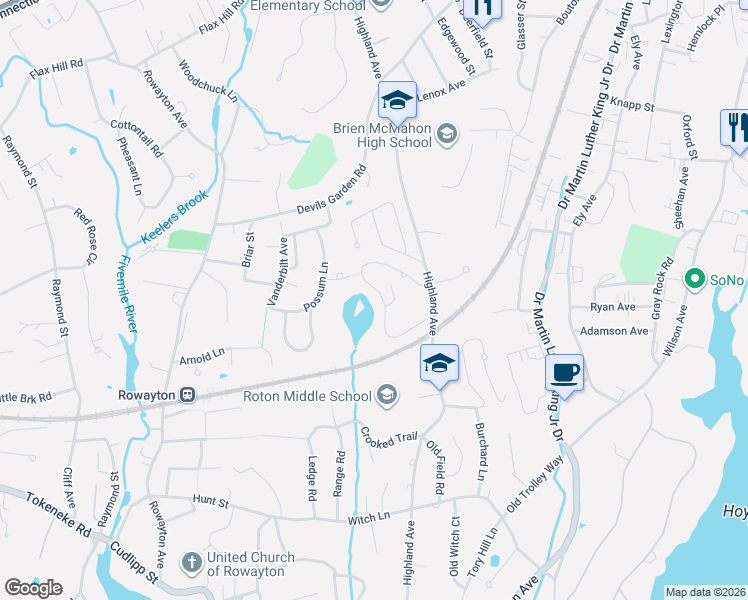 map of restaurants, bars, coffee shops, grocery stores, and more near 33 Rowayton Woods Drive in Norwalk