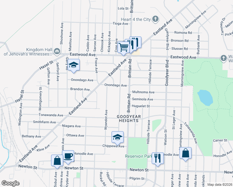 map of restaurants, bars, coffee shops, grocery stores, and more near 659 Wyandot Avenue in Akron