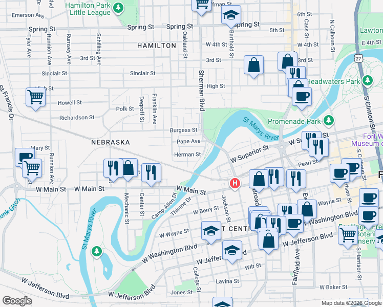 map of restaurants, bars, coffee shops, grocery stores, and more near 909 Herman Street in Fort Wayne