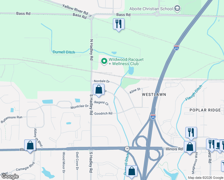 map of restaurants, bars, coffee shops, grocery stores, and more near 301 Blake Drive in Fort Wayne