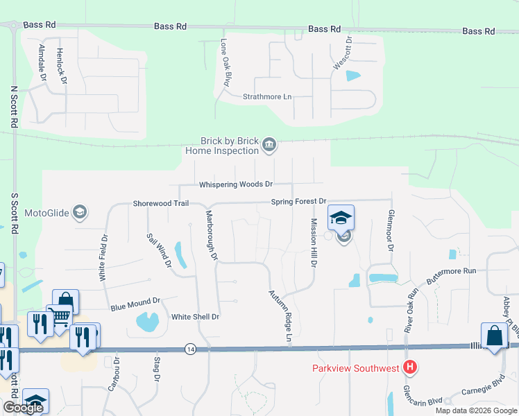 map of restaurants, bars, coffee shops, grocery stores, and more near 8921 Spring Forest Dr in Fort Wayne