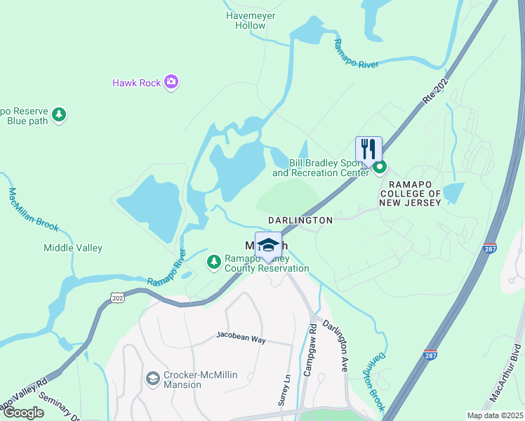 map of restaurants, bars, coffee shops, grocery stores, and more near 550 Ramapo Valley Road in Mahwah