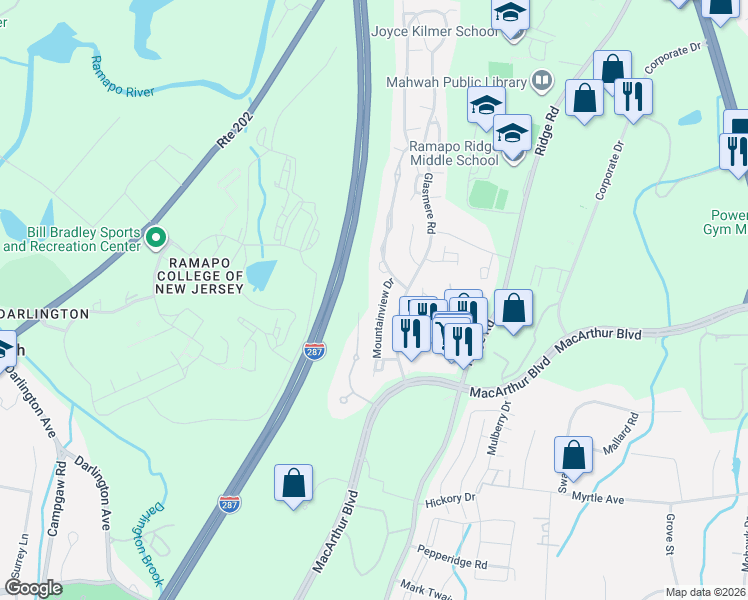 map of restaurants, bars, coffee shops, grocery stores, and more near 245 Mountainview Drive in Mahwah