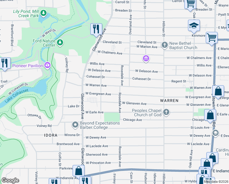 map of restaurants, bars, coffee shops, grocery stores, and more near 537 West Evergreen Avenue in Youngstown