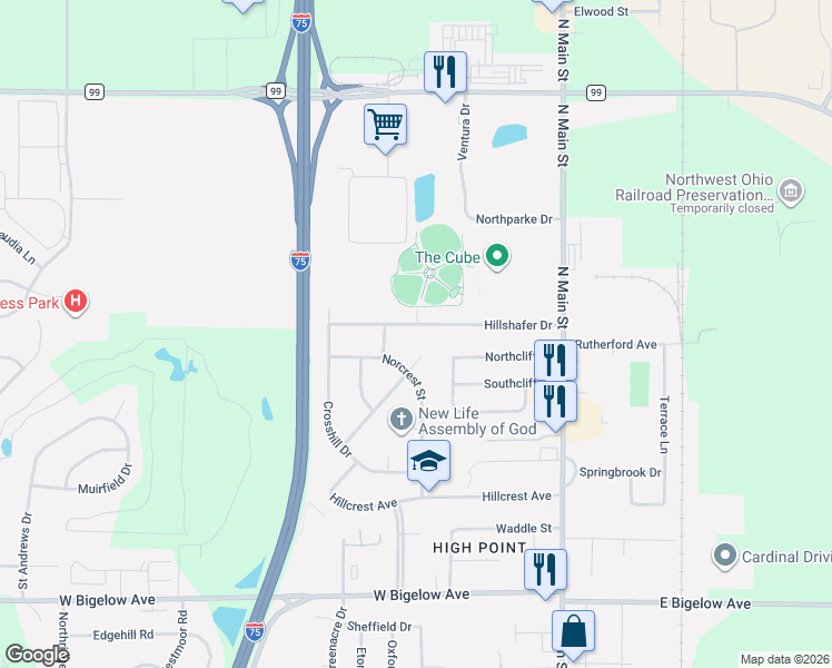 map of restaurants, bars, coffee shops, grocery stores, and more near 3338 Ridgeview Drive in Findlay