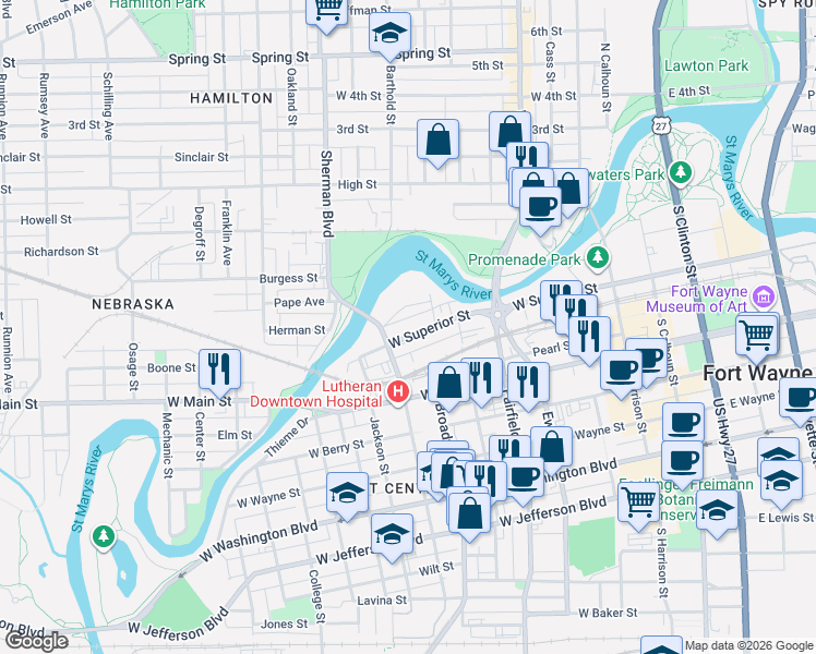 map of restaurants, bars, coffee shops, grocery stores, and more near 744 W Superior St in Fort Wayne