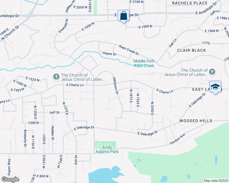 map of restaurants, bars, coffee shops, grocery stores, and more near 1431 Hillsboro Drive in Layton