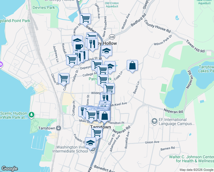 map of restaurants, bars, coffee shops, grocery stores, and more near 122 Broadway in Tarrytown