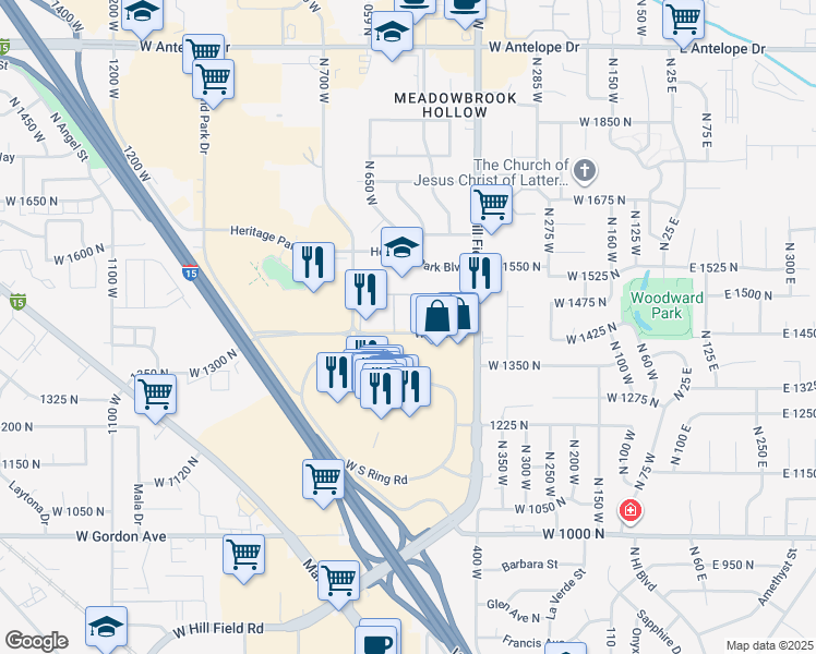 map of restaurants, bars, coffee shops, grocery stores, and more near 540 West 1425 North in Layton