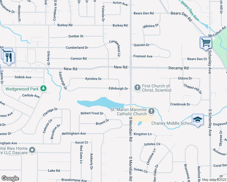 map of restaurants, bars, coffee shops, grocery stores, and more near 3767 Edinburgh Drive in Youngstown