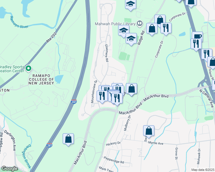 map of restaurants, bars, coffee shops, grocery stores, and more near 66 Sunset Court in Mahwah