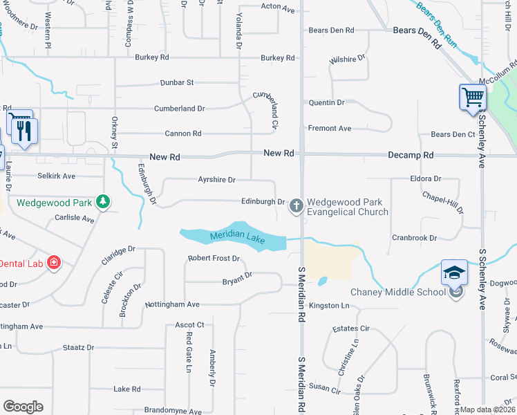 map of restaurants, bars, coffee shops, grocery stores, and more near 3775 Edinburgh Drive in Youngstown