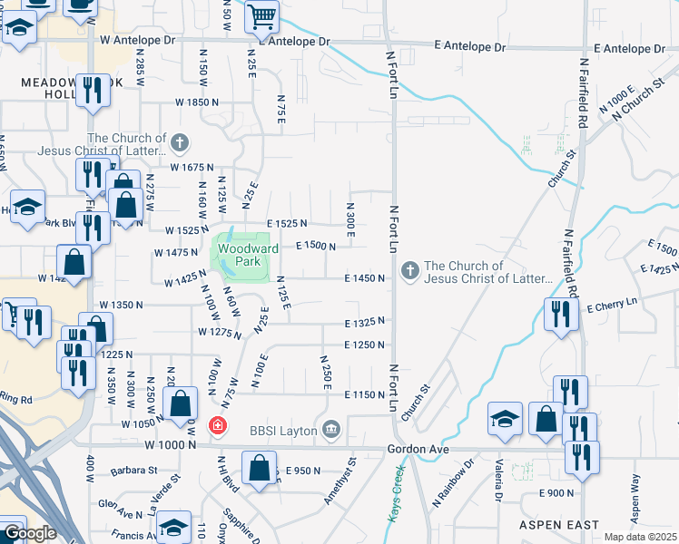 map of restaurants, bars, coffee shops, grocery stores, and more near 1459 North 285 East in Layton