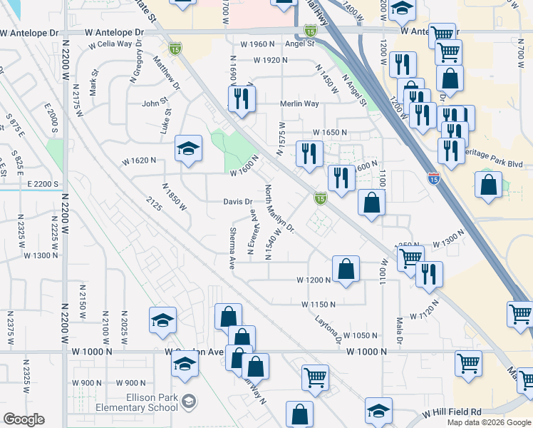 map of restaurants, bars, coffee shops, grocery stores, and more near 1481 North Marilyn Drive in Layton