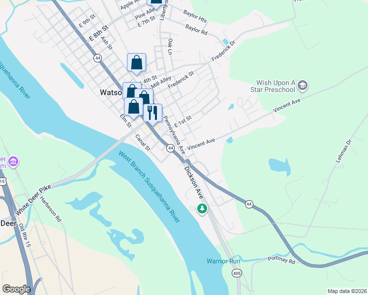 map of restaurants, bars, coffee shops, grocery stores, and more near Pennsylvania Avenue in Watsontown