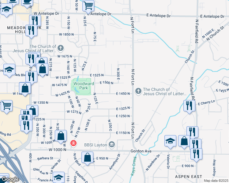 map of restaurants, bars, coffee shops, grocery stores, and more near 1459 North 285 East in Layton