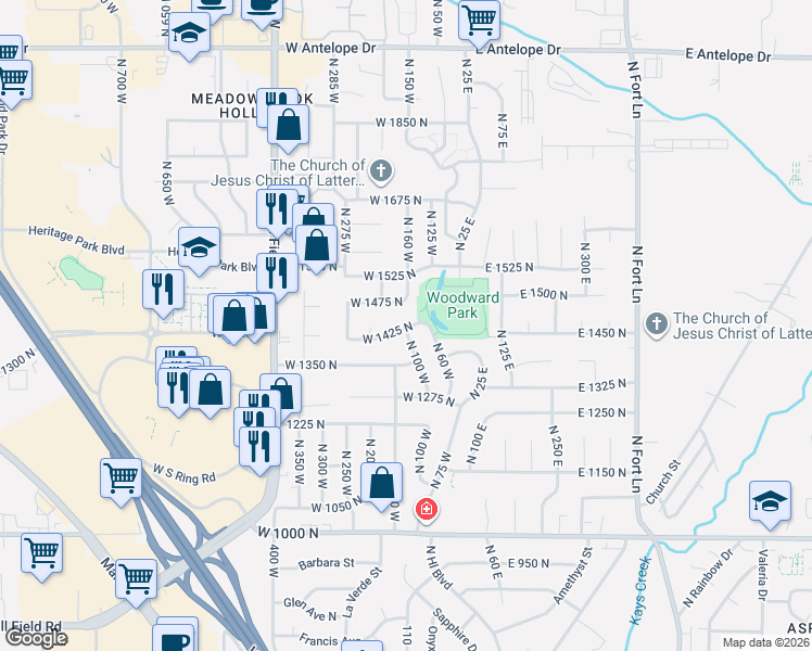 map of restaurants, bars, coffee shops, grocery stores, and more near 153 West 1425 North in Layton