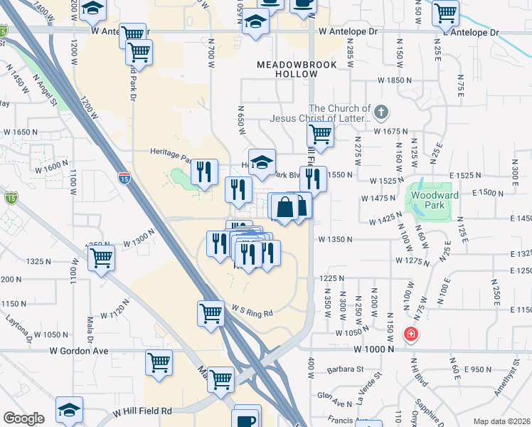 map of restaurants, bars, coffee shops, grocery stores, and more near 495 West 1425 North in Layton
