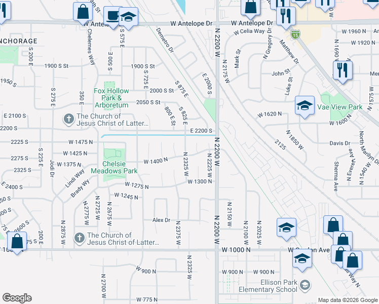map of restaurants, bars, coffee shops, grocery stores, and more near 2313 West 1450 North in Layton