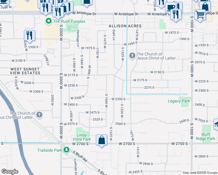 map of restaurants, bars, coffee shops, grocery stores, and more near 2301 South 1660 West in Syracuse