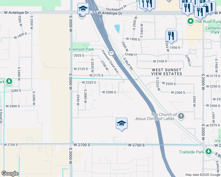 map of restaurants, bars, coffee shops, grocery stores, and more near 2710 West 2300 South in Syracuse