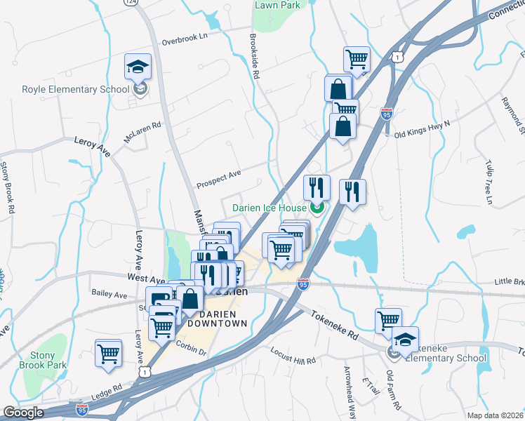 map of restaurants, bars, coffee shops, grocery stores, and more near 719 Boston Post Road in Darien
