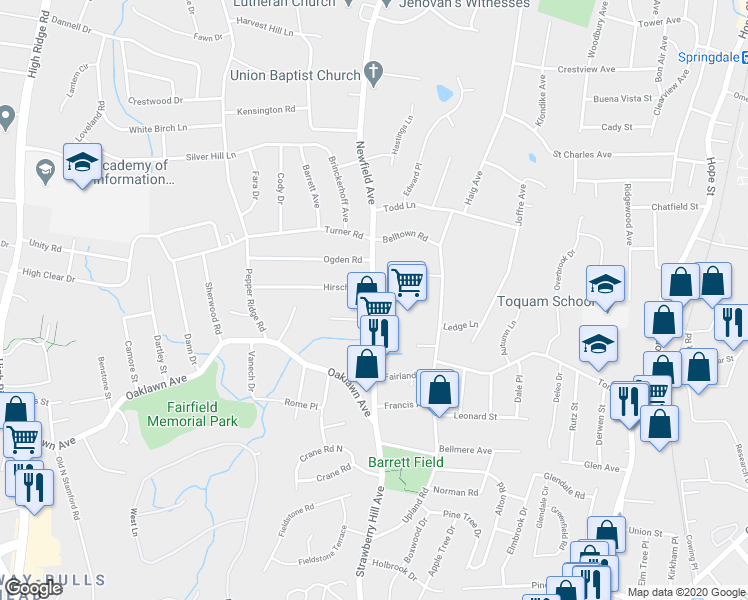 map of restaurants, bars, coffee shops, grocery stores, and more near 28 Newfield Court in Stamford