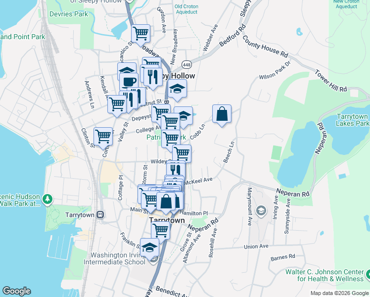 map of restaurants, bars, coffee shops, grocery stores, and more near 126 Broadway in Tarrytown