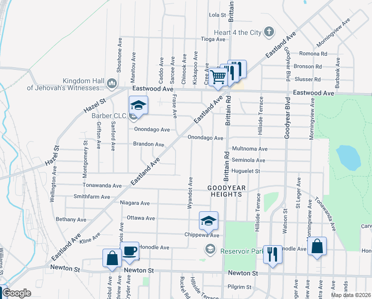 map of restaurants, bars, coffee shops, grocery stores, and more near 1389 Brandon Avenue in Akron