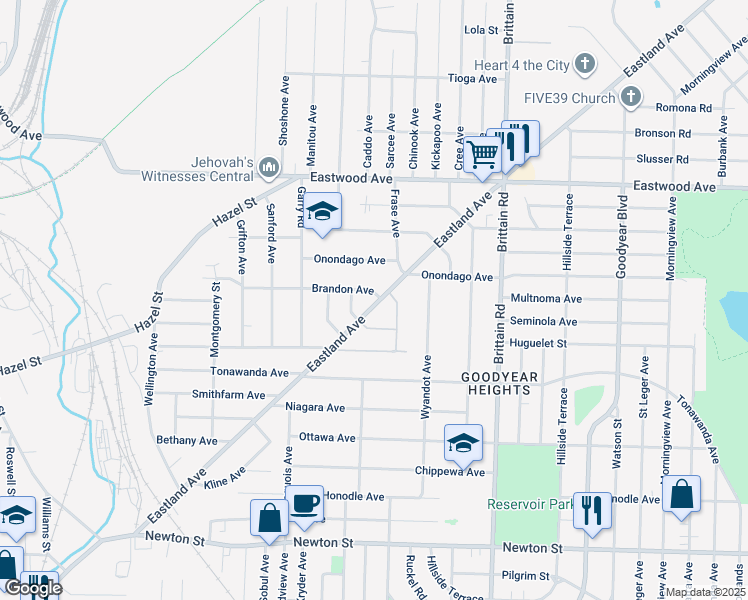 map of restaurants, bars, coffee shops, grocery stores, and more near 577 Eastland Avenue in Akron