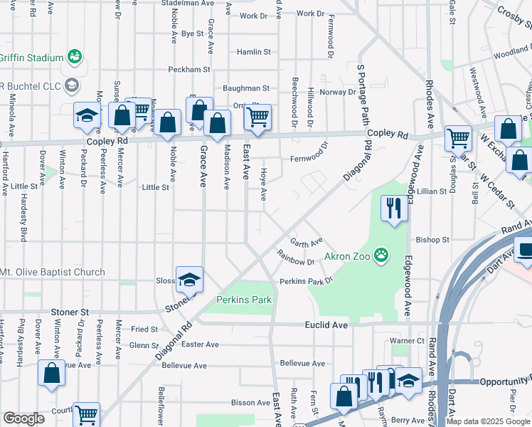 map of restaurants, bars, coffee shops, grocery stores, and more near 638 Minerva Place in Akron