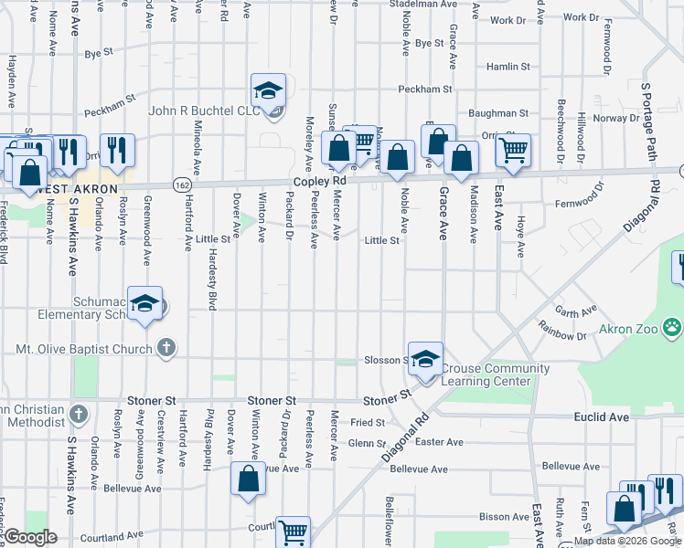 map of restaurants, bars, coffee shops, grocery stores, and more near 804 Storer Avenue in Akron