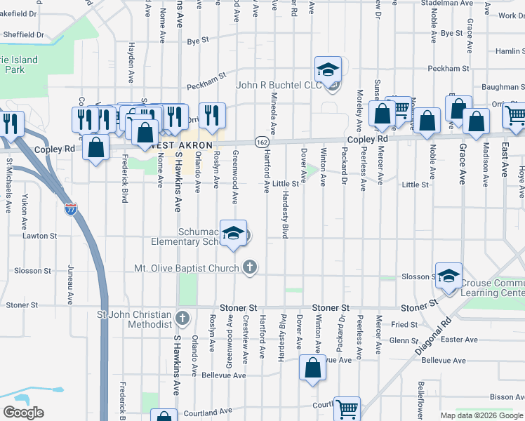map of restaurants, bars, coffee shops, grocery stores, and more near 973 Hartford Avenue in Akron