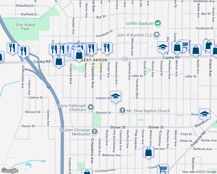map of restaurants, bars, coffee shops, grocery stores, and more near 1017 Roslyn Avenue in Akron