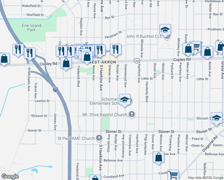 map of restaurants, bars, coffee shops, grocery stores, and more near 1120 Orlando Avenue in Akron