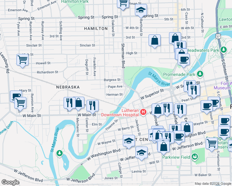 map of restaurants, bars, coffee shops, grocery stores, and more near 909 Herman Street in Fort Wayne