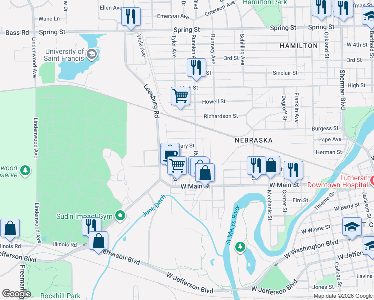 map of restaurants, bars, coffee shops, grocery stores, and more near 1830 Link Street in Fort Wayne