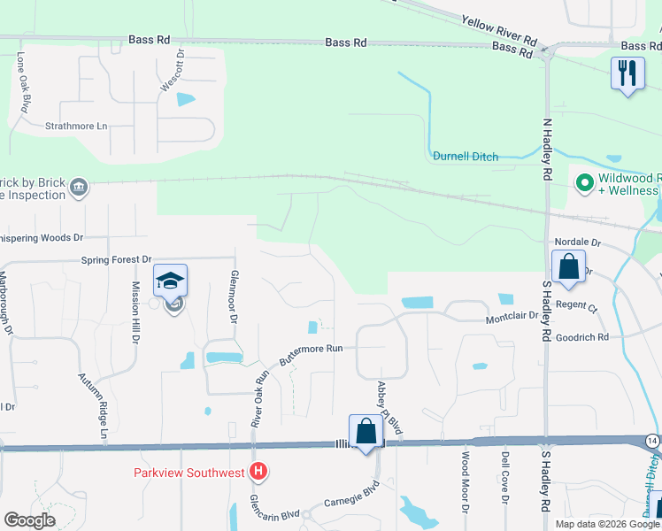 map of restaurants, bars, coffee shops, grocery stores, and more near 325 Deer Cliff Run in Fort Wayne