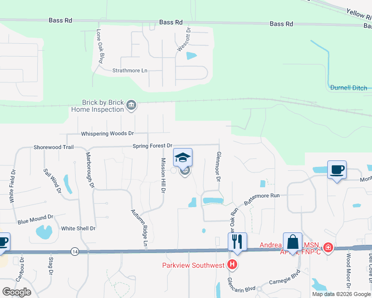 map of restaurants, bars, coffee shops, grocery stores, and more near 8517 Spring Forest Dr in Fort Wayne
